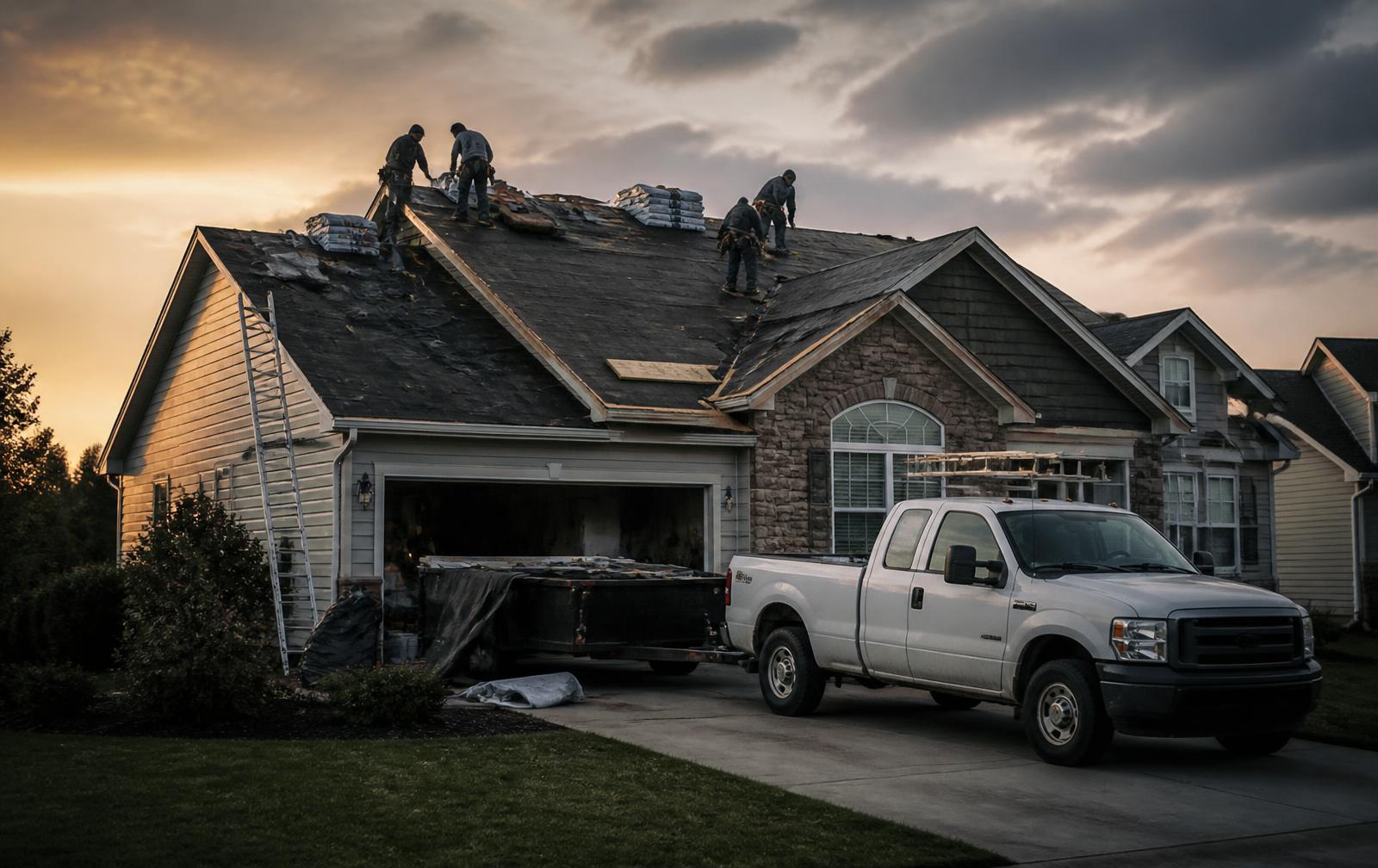 Roofing crew working on a suburban house at dusk with one truck in the driveway